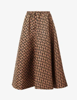 Valentino Monogram-print A-line Satin Midi Skirt