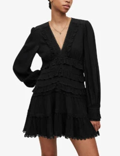 AllSaints Zora Ruffled Woven Mini Dress 9 AllSaints Zora Ruffled Woven Mini Dress -Whistles Store R04136396 BLACK ALT02