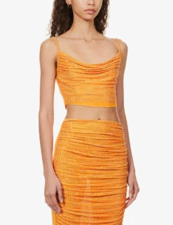 SELF PORTRAIT Crystal-embellished Cowl-neck Stretch-woven Top -Whistles Store R04137722 ORANGE ALT02