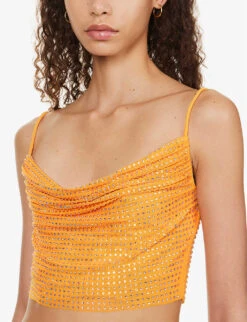 SELF PORTRAIT Crystal-embellished Cowl-neck Stretch-woven Top -Whistles Store R04137722 ORANGE ALT04