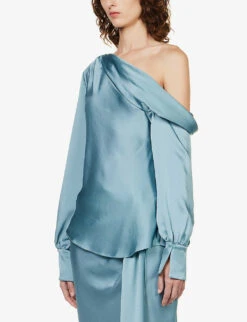 Alice Asymmetric-neck Satin Top -Whistles Store R04140654 CELESTEBLUE ALT02