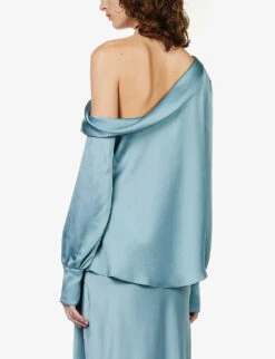 Alice Asymmetric-neck Satin Top -Whistles Store R04140654 CELESTEBLUE ALT03