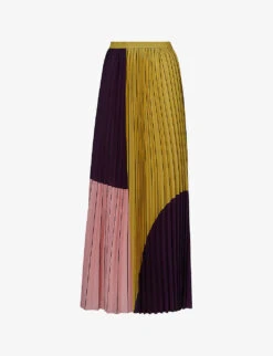 Geometric-pattern Pleated Woven Maxi Skirt