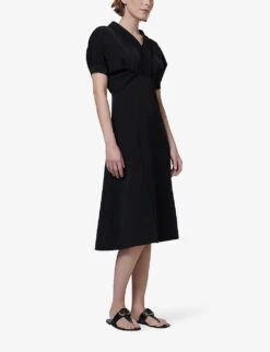 Puff-sleeve V-neck Woven Midi Dress 9 Puff-sleeve V-neck Woven Midi Dress -Whistles Store R04141978 BLACK ALT02