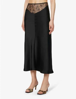 Curzola Lace-panel Satin Midi Skirt -Whistles Store R04147073 BLACK ALT02