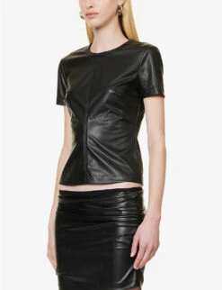 Helmut Lang Darted Round-neck Regular-fit Faux Leather T-shirt -Whistles Store R04150630 BLACK ALT02
