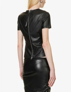 Helmut Lang Darted Round-neck Regular-fit Faux Leather T-shirt -Whistles Store R04150630 BLACK ALT03