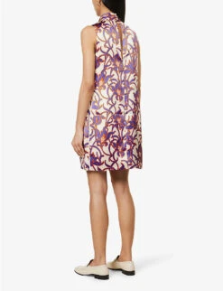 ME AND EM Graphic-print High-neck Satin Mini Dress -Whistles Store R04151486 CREAMPURPLEORANGE ALT03