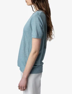 Zadig & Voltaire Wassa Rhinestone Lion-embellished Linen T-shirt -Whistles Store R04151985 NUAGE ALT02