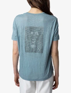 Zadig & Voltaire Wassa Rhinestone Lion-embellished Linen T-shirt -Whistles Store R04151985 NUAGE ALT03