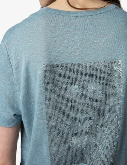 Zadig & Voltaire Wassa Rhinestone Lion-embellished Linen T-shirt -Whistles Store R04151985 NUAGE ALT04