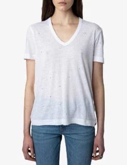 Zadig & Voltaire Wassa Crystal-embellished Linen-blend T-shirt -Whistles Store R04151998 BLANC ALT02