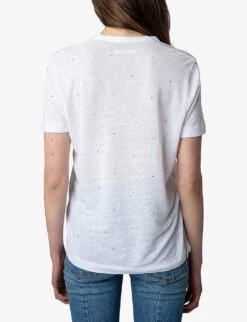 Zadig & Voltaire Wassa Crystal-embellished Linen-blend T-shirt -Whistles Store R04151998 BLANC ALT03