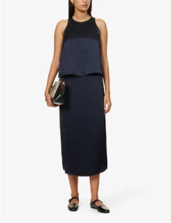 THEORY Mid-rise Split-hem Satin Midi Skirt -Whistles Store R04152409 DEEPNAVY ALT01