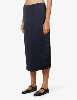 THEORY Mid-rise Split-hem Satin Midi Skirt -Whistles Store R04152409 DEEPNAVY ALT02