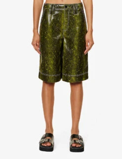 Ganni Snake-print Wide-leg Faux-leather Shorts -Whistles Store R04152927 SPINACHGREEN ALT02