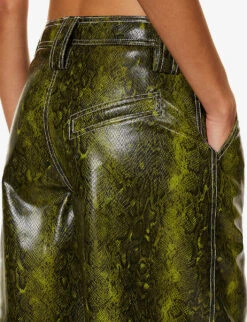 Ganni Snake-print Wide-leg Faux-leather Shorts -Whistles Store R04152927 SPINACHGREEN ALT04