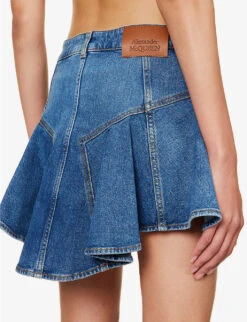 Alexander McQueen Asymmetric-hem Logo-patch Stretch-denim Mini Skirt -Whistles Store R04154717 BLUESTONEWASH ALT04