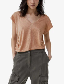 Ikks V-neck Regular-fit Linen T-shirt -Whistles Store R04156324 DARKBEIGE ALT02