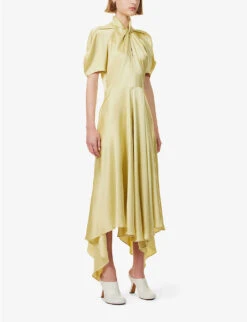 STELLA MCCARTNEY Asymmetric-hem Twisted Regular-fit Satin Maxi Dress -Whistles Store R04160774 PALELIME ALT02