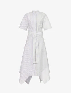 STELLA MCCARTNEY Striped Asymmetric-hem Cotton-poplin Midi Dress