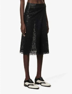 Lace-embroidered Raw-hem Wool-blend Midi Skirt -Whistles Store R04161052 BLACK ALT02
