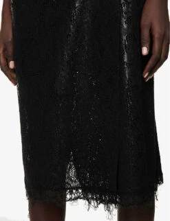 Lace-embroidered Raw-hem Wool-blend Midi Skirt -Whistles Store R04161052 BLACK ALT05