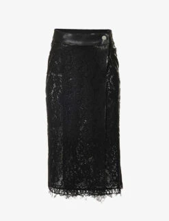 Lace-embroidered Raw-hem Wool-blend Midi Skirt