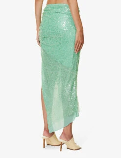 Splash Asymmetric-hem Sequin-embellished Woven Midi Skirt -Whistles Store R04161067 SEAGREEN ALT03
