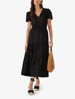 V-neck Shirred-waist Linen Midi Dress 8 V-neck Shirred-waist Linen Midi Dress -Whistles Store R04161729 BLACK ALT01