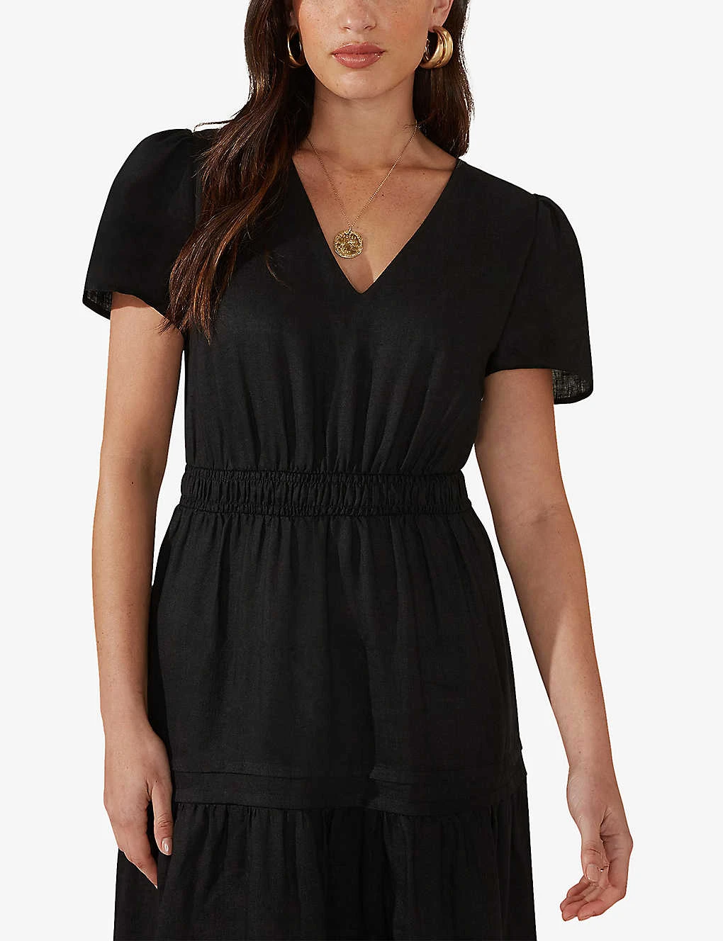 V-neck Shirred-waist Linen Midi Dress 5 V-neck Shirred-waist Linen Midi Dress - Image 3