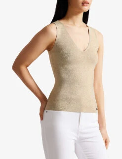 Ted Baker Metallic-thread Round-neck Stretch-knit Vest Top -Whistles Store R04166181 GOLD ALT02
