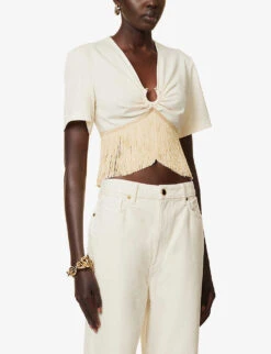 Paco Rabanne Tassel-trimmed Cropped Regular-fit Cotton T-shirt 10 Paco Rabanne Tassel-trimmed Cropped Regular-fit Cotton T-shirt -Whistles Store R04166767 NUDE ALT02