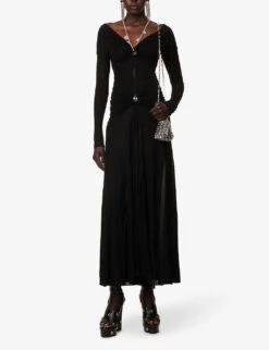 Paco Rabanne Gathered-front Semi-sheer Slim-fit Stretch-woven Maxi Dress -Whistles Store R04166768 BLACK ALT01