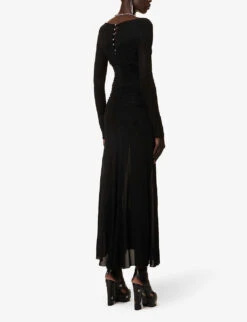 Paco Rabanne Gathered-front Semi-sheer Slim-fit Stretch-woven Maxi Dress -Whistles Store R04166768 BLACK ALT03