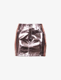 Metallic Belt-looped Regular-fit Faux-leather Mini Skirt