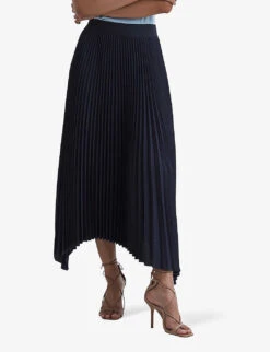 Reiss Jodie Pleated Asymmetric-hem Woven Midi Skirt -Whistles Store R04169000 NAVY ALT02