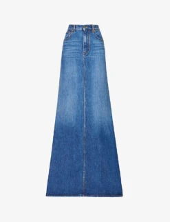 Valentino High-rise Train-hem Denim Maxi Skirt