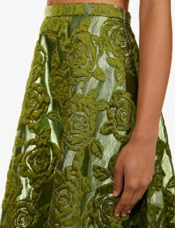 Valentino Floral-pattern Flared-hem Woven Midi Skirt -Whistles Store R04169679 CELERYGREEN ALT04