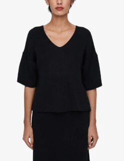 Joseph Ribbed-knit V-neck Stretch-linen Blend Top -Whistles Store R04169975 BLACK ALT02