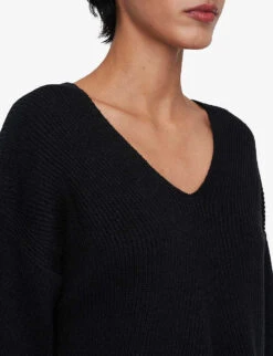 Joseph Ribbed-knit V-neck Stretch-linen Blend Top -Whistles Store R04169975 BLACK ALT04