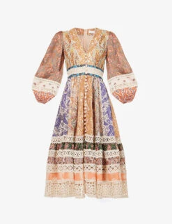 Zimmermann Devi Paisley-patterned Broderie-trim Regular-fit Linen Midi Dress