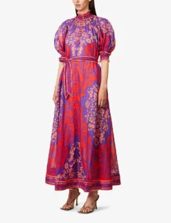 Zimmermann Raie High-neck Puff-sleeve Ramie Maxi Dress -Whistles Store R04174596 PURPLEREDFLORAL ALT02