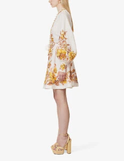 Zimmermann Vacay Floral-print Ballon-sleeve Linen Mini Dress 10 Zimmermann Vacay Floral-print Ballon-sleeve Linen Mini Dress -Whistles Store R04174635 GOLDENFLORAL ALT02