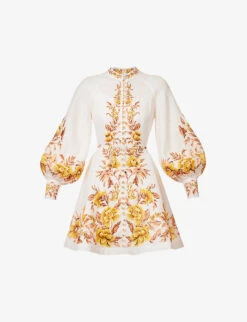 Zimmermann Vacay Floral-print Ballon-sleeve Linen Mini Dress
