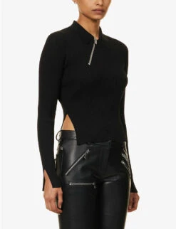 Arenaria Polo Split-hem Knitted Top -Whistles Store R04174796 BLACK ALT02