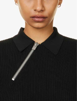 Arenaria Polo Split-hem Knitted Top -Whistles Store R04174796 BLACK ALT04