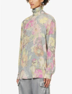 Dries Van Noten Floral-print Turtleneck Silk-blend Shirt -Whistles Store R04180721 GREY ALT02
