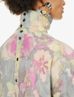Dries Van Noten Floral-print Turtleneck Silk-blend Shirt -Whistles Store R04180721 GREY ALT04