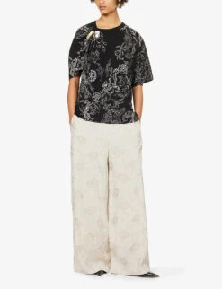 Dries Van Noten Brooch-embellished Floral-print Cotton T-shirt -Whistles Store R04180735 BLACK ALT01